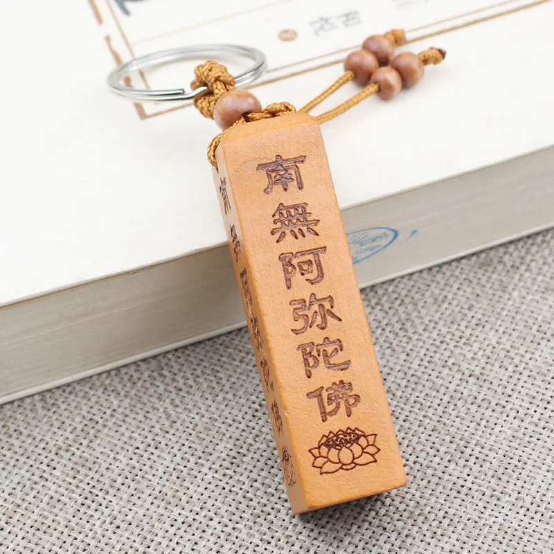 

16 мм X 60 мм персиковое дерево Намо Амитабха резной брелок Good Lucky 1 шт.