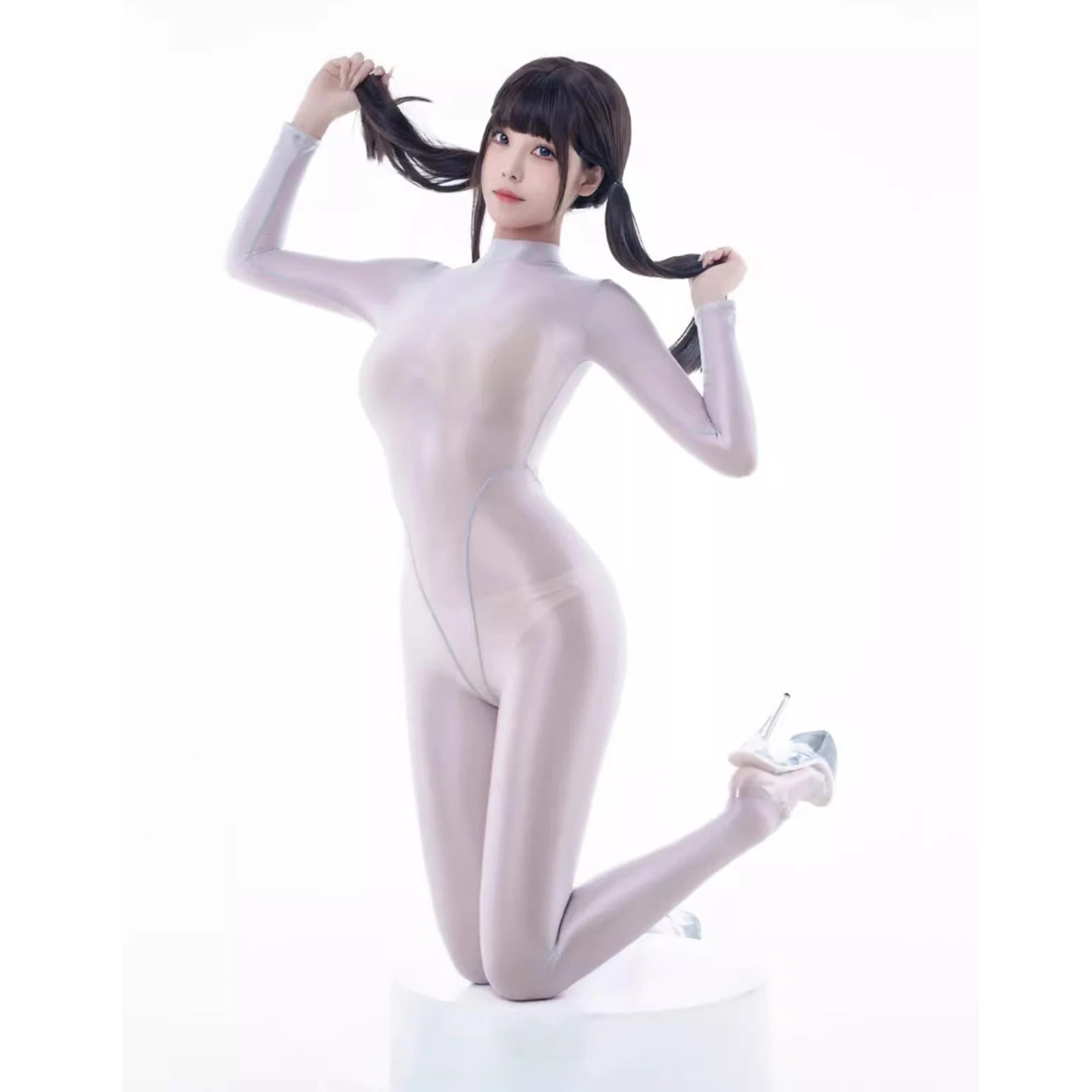 Sexy Women glossy Tight Swimwear back zippered shiny Smooth see through One Piece bodysuit japanese swimsuit