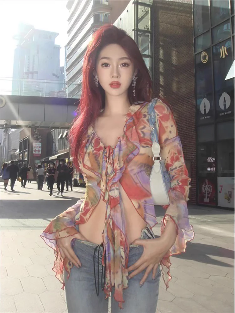 Yedinas Fairycore Style Slim Blouse Women Clothes Long Sleeve Korean Fashion Ruffled Tie Dye Women Shirt Thin 2024 Summer New