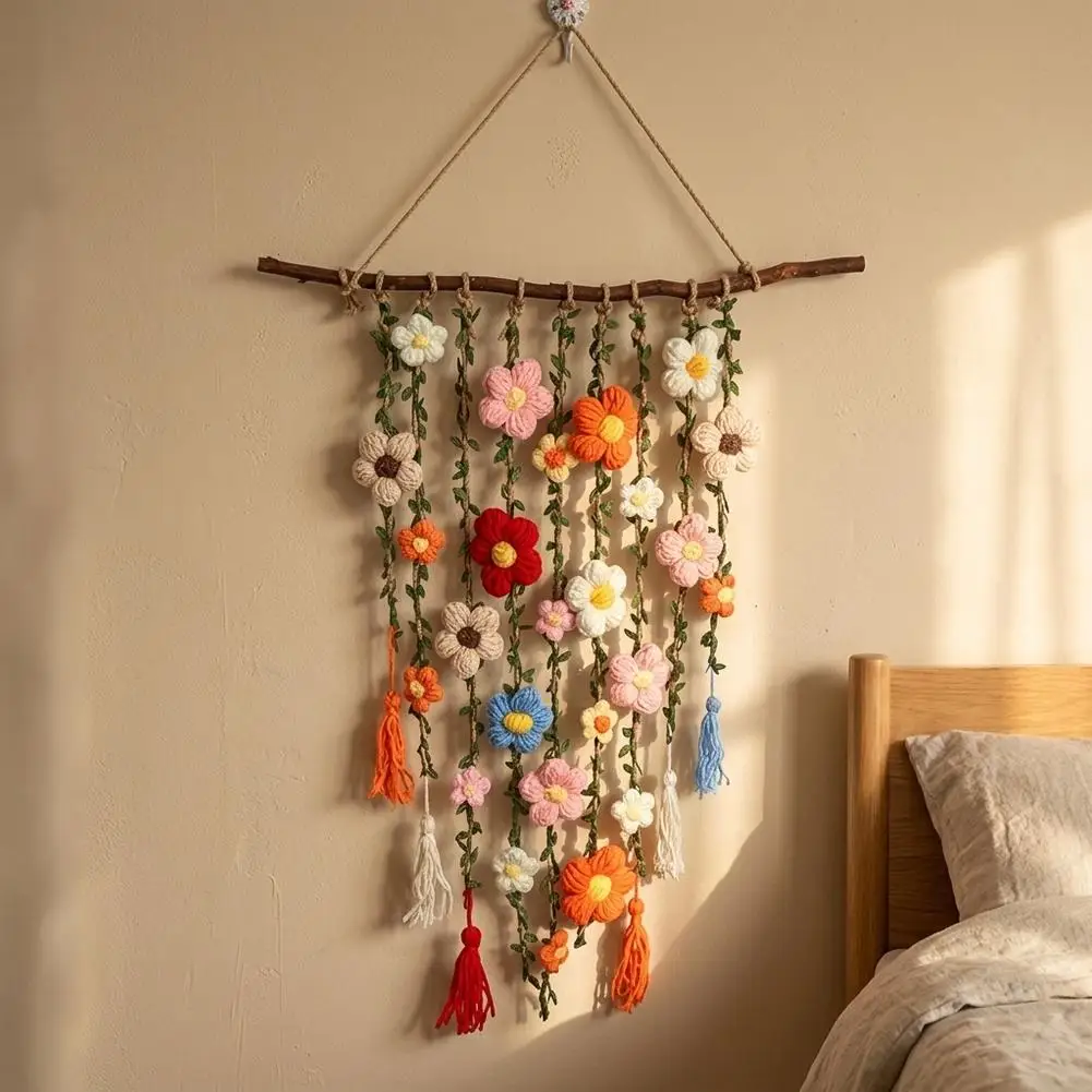Crochet Flower Vine Wall Decoration Bohemian Crochet Flower Hanging Tapestry Handmade Flower Tassels Decor Handmade Woven 1pcs
