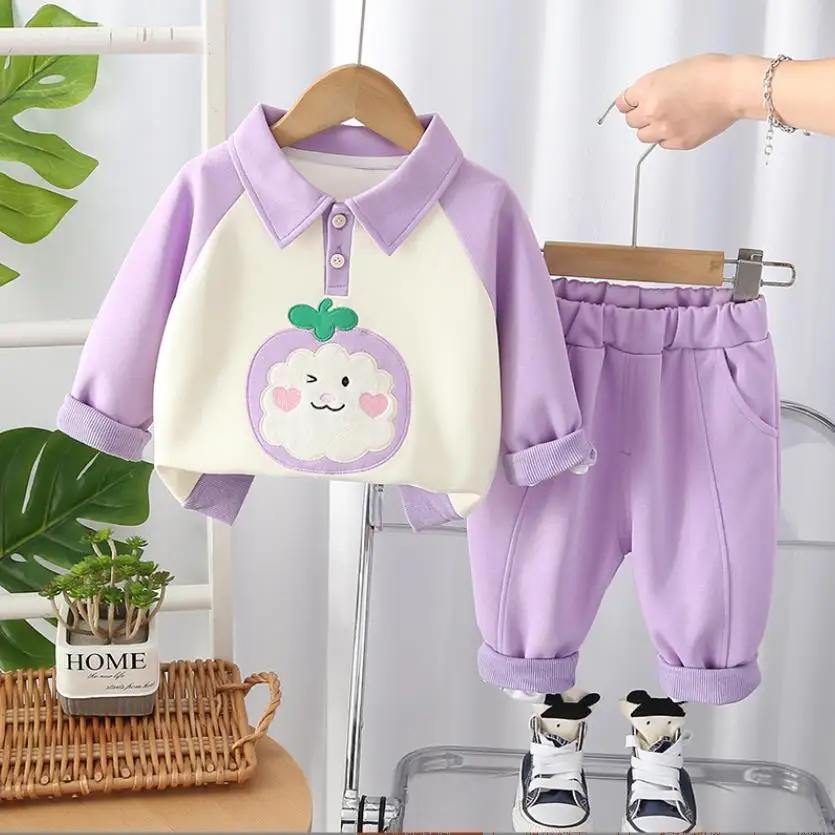 Boutique meninas roupas primavera outono bonito dos desenhos animados bordado turn-down colarinho camisolas e calças crianças ternos roupas