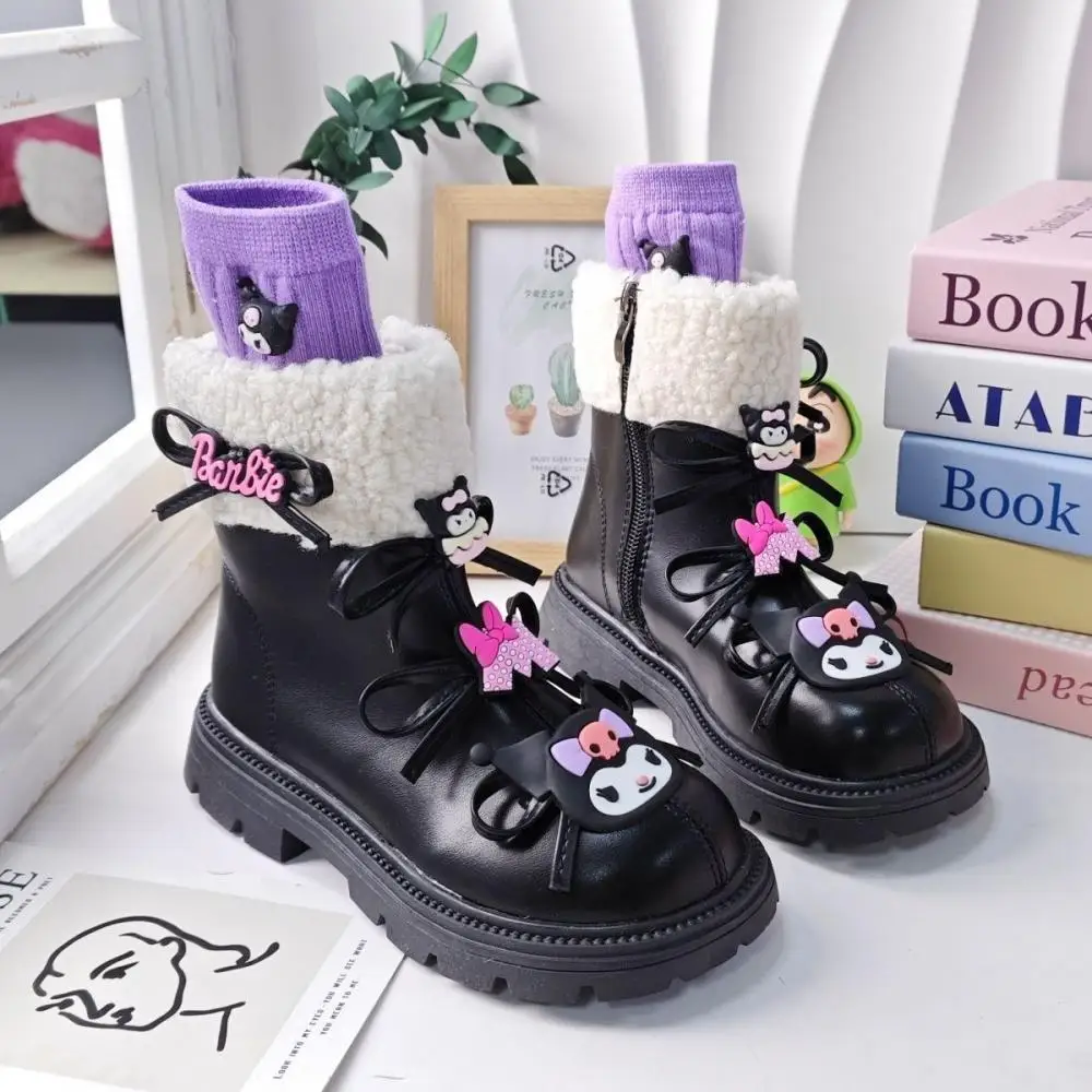 Sanrios Kawaii Kuromi Girls Snow Boots Autumn Winter New Style Water Proof Ankle Length Cotton Shoes Child Martin Boots Sneakers