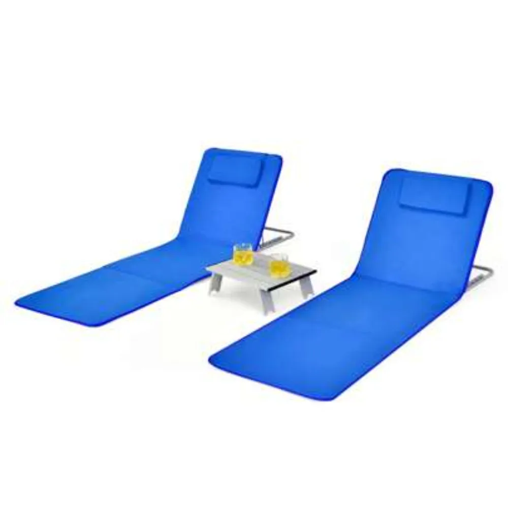 3PCS Folding Beach Mat Set with Adjustable Beach Lounge Chair and Portable Side Table, Heavy Duty Aluminum Frame, UV Resistant Fabric, Compact Foldable Design for Camping, Picnic, Poolside, Patio, Backyard, Travel