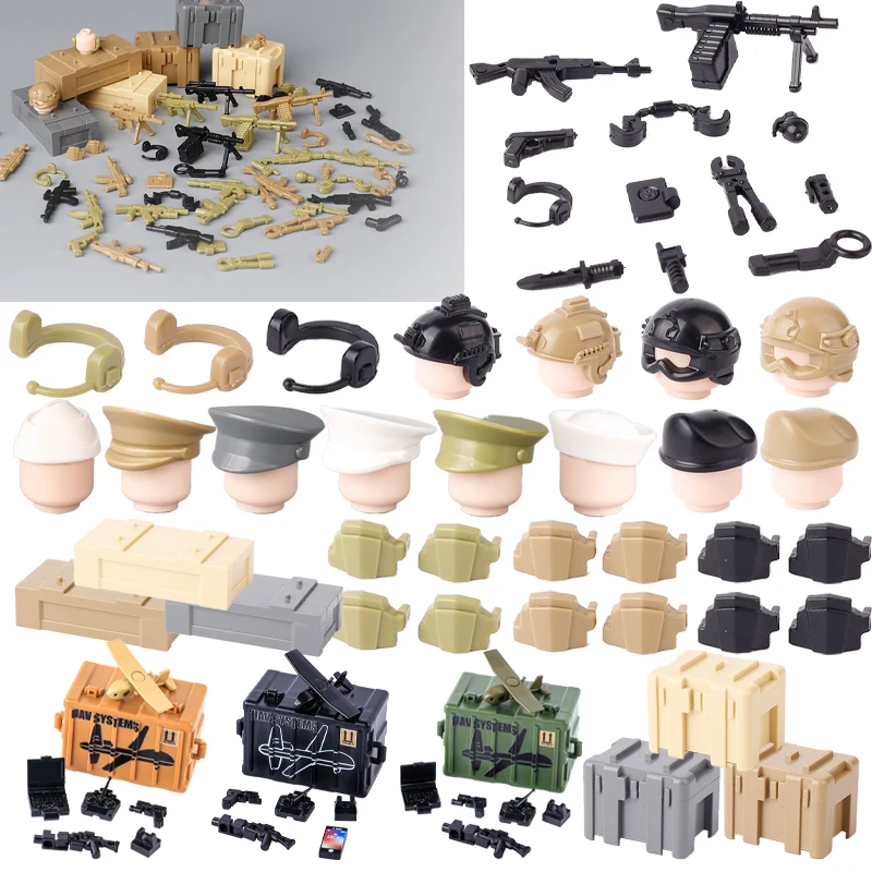 

WW2 Военный шлем Строительные блоки WW1 Армейское оружие Коробка для оружия Пистолет Шлем Гарнитура Воин Пехотные аксессуары Кирпичи Игрушка в подарок