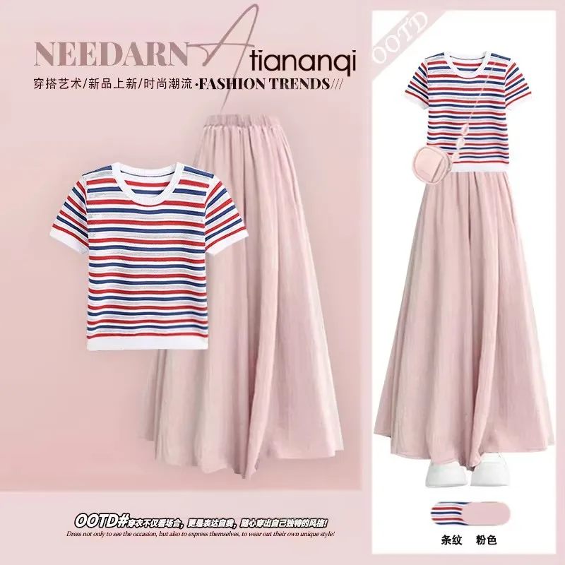 

Spring and Summer New High-end Striped Short Sleeved T-shirt+waist Cinching Slimming Casual Skirt Pants Two-piece Set