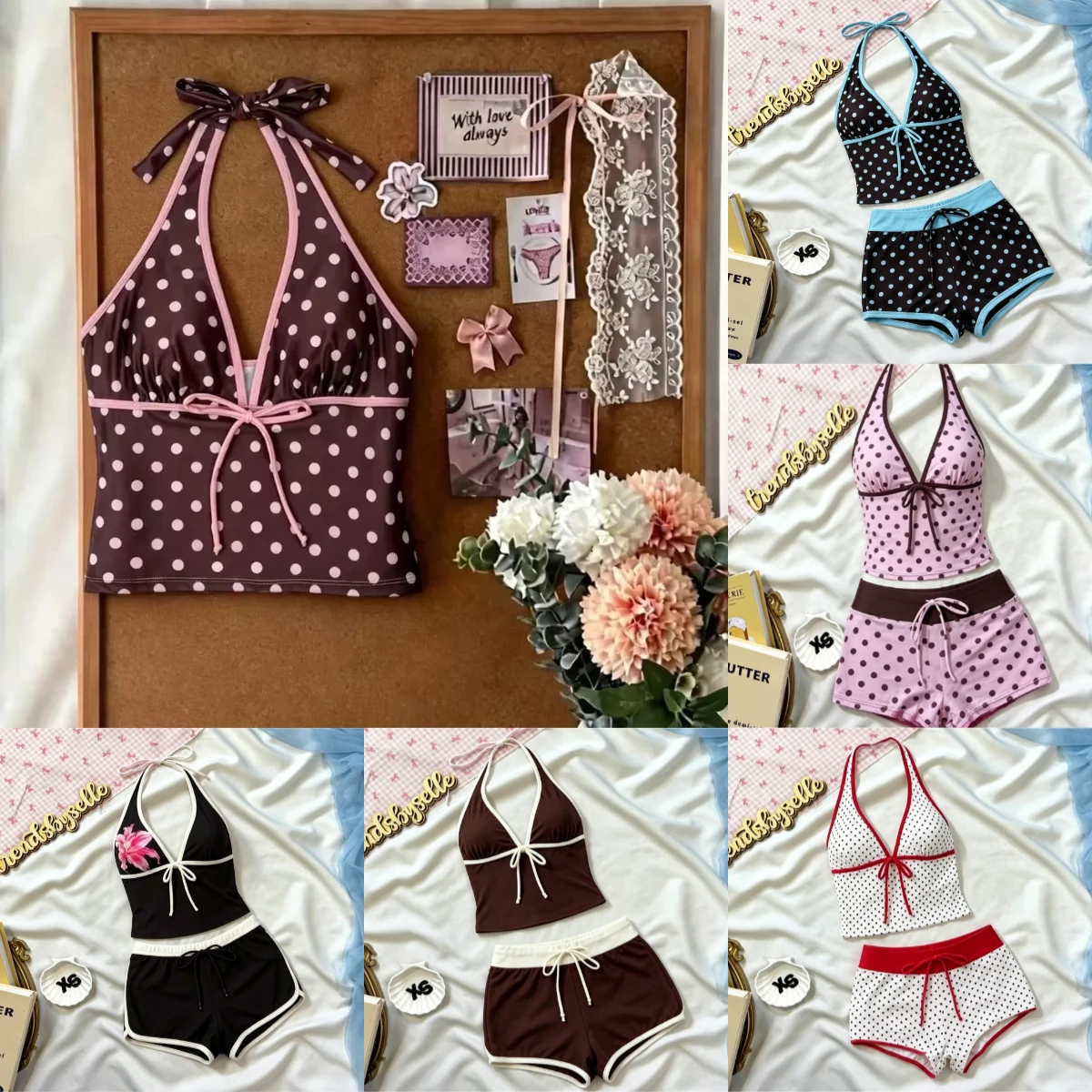 Polka Dot Summer Beach Bikini Two Piece Set Women Halter V Neck Swimwear Pool Party Bodycon Tie Waist Bathing Suit Outfit