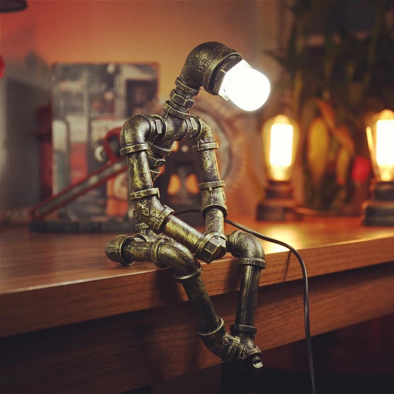 Iron Robot LED Desk Lamps Water Pipe  Art Tube LOFT Edison Industry Vintage Table Lights for Coffee Bar Bedroom Night Lighting