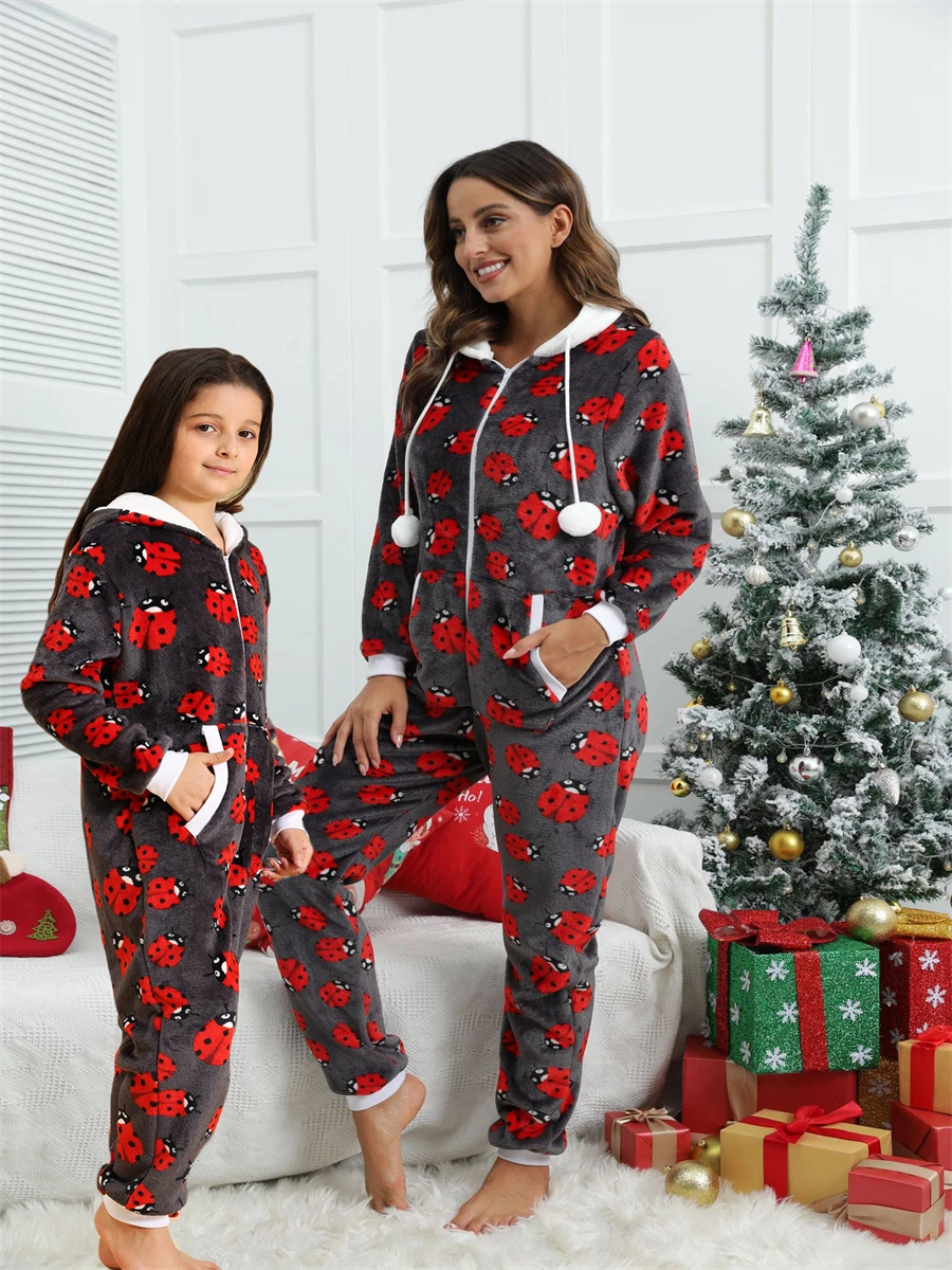 Hooded Flannel Pajamas For Children Animal Pyjamas Kids Onesie Girls Sleepwear Ladybug Print Jumpsuit