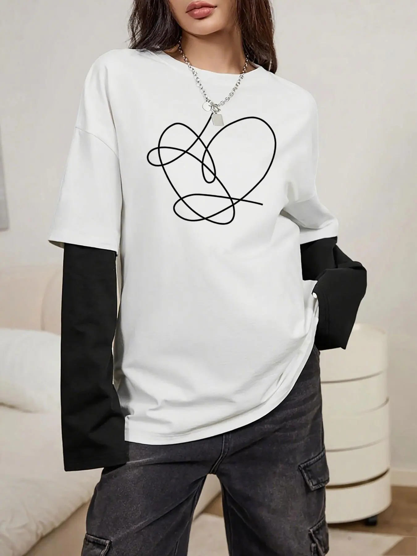 Camisetas de manga larga de estilo callejero para mujer, diseño falso de dos piezas, Top Y2k, camisetas de manga larga de gran tamaño