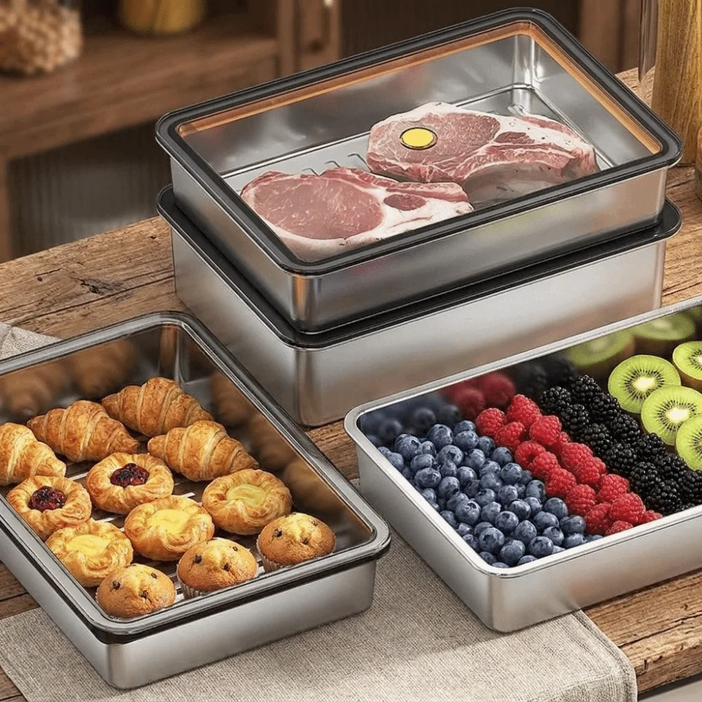 Stainless Steel Food Storage Container Large Capacity Rectangle Meat Fresh-keeping Box with Cover Space Saving