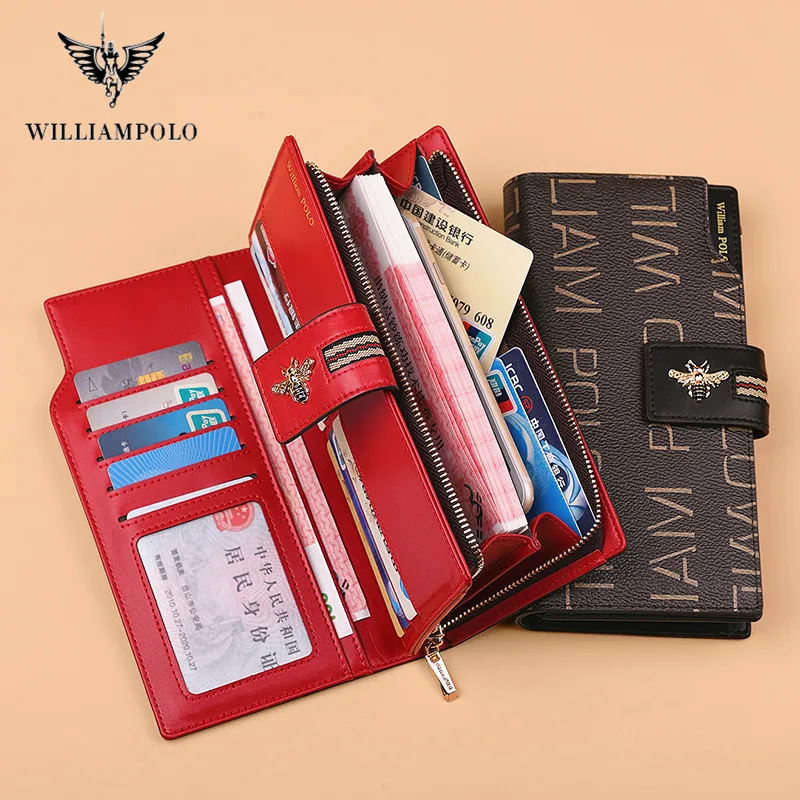 WILLIAMPOLO Women's Purses New Design Bags Luxury Leather Long Wallet Bee Buckle Female Coin Purse Card Holders Wallet For Women