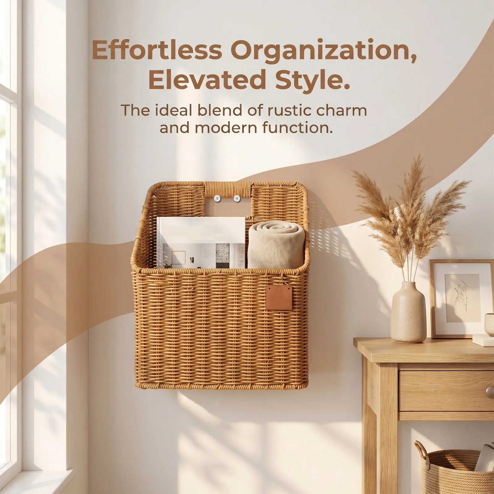 Magazine Holder Wall Basket Decorative Woven Imitation Rattan Hanging Storage Rack for Bathroom Living Room Multifunctional view 2