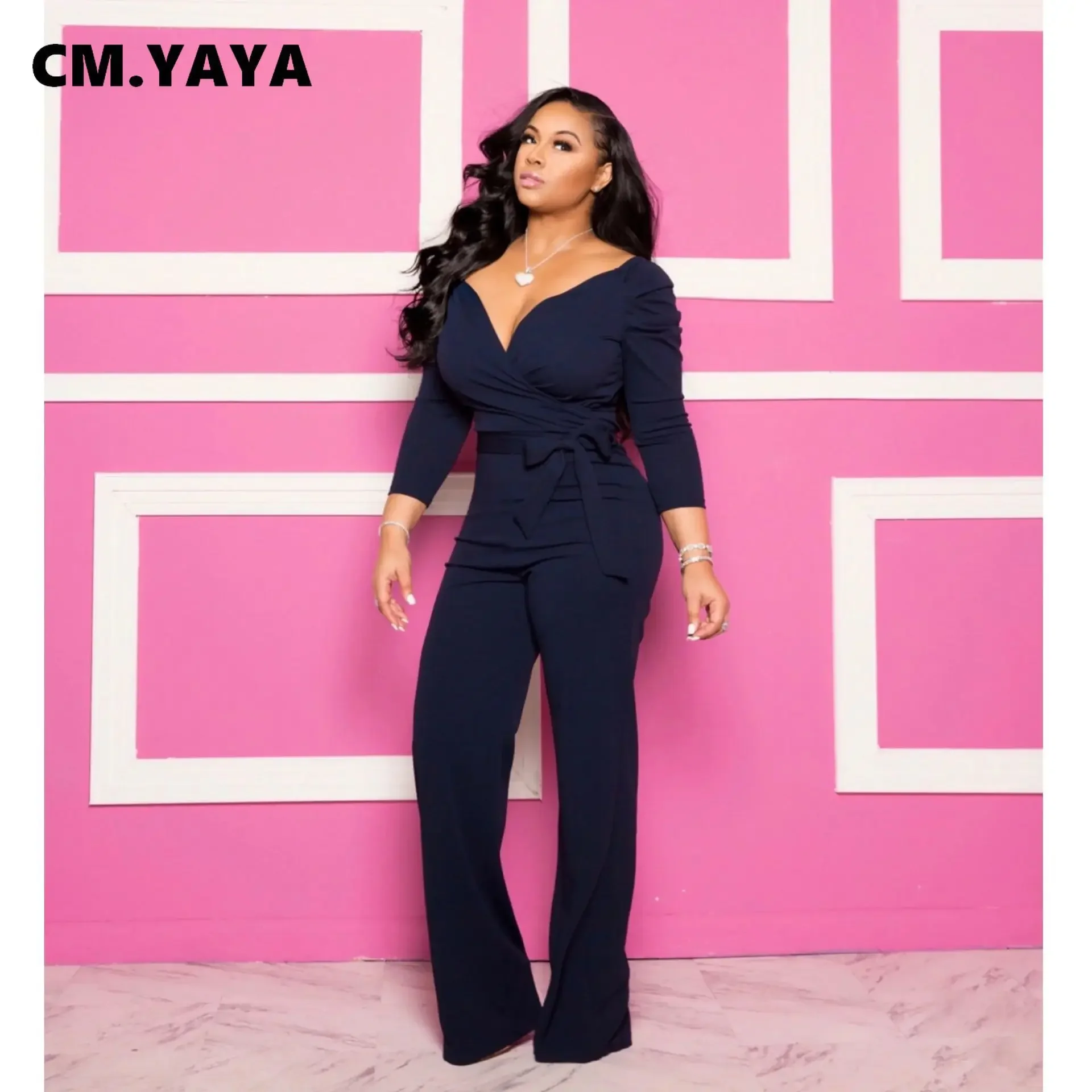 CM.YAYA Fashion Women Long Sleeve Knit Ribbed Wrap V-neck Wide Leg Jumpsuit 2023 Autumn Party Playsuit One Piece Suit Romper