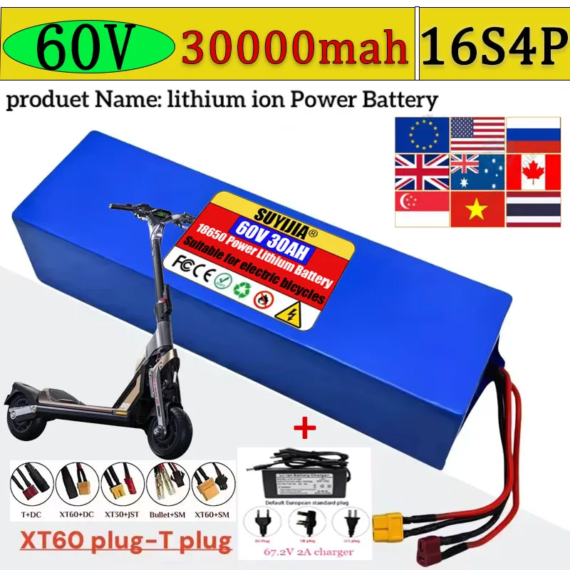 Fast Transportation New Full Capacity Power 18650 Lithium Battery 60V 30ah Lithium Battery Pack 16S4P Suitable for 250-2000W
