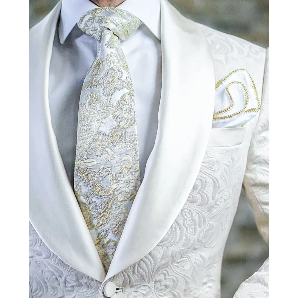 Luxury White Jacquard Men Suits One Button Slim Fit 2024 Wedding Groom Tuxedos Elegant 2 Piece Jacket Pants Costume Homme Blazer