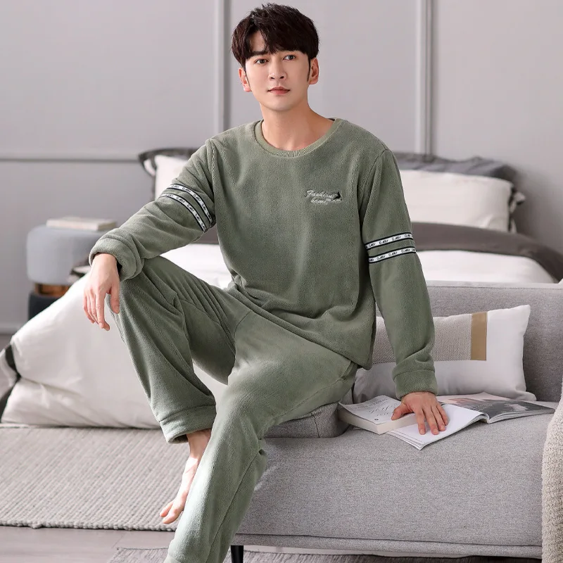 O-neck 2 peças conjunto de dormir com calças inverno quente loungewear flanela de inverno camisola pijamas coral velo casa roupas