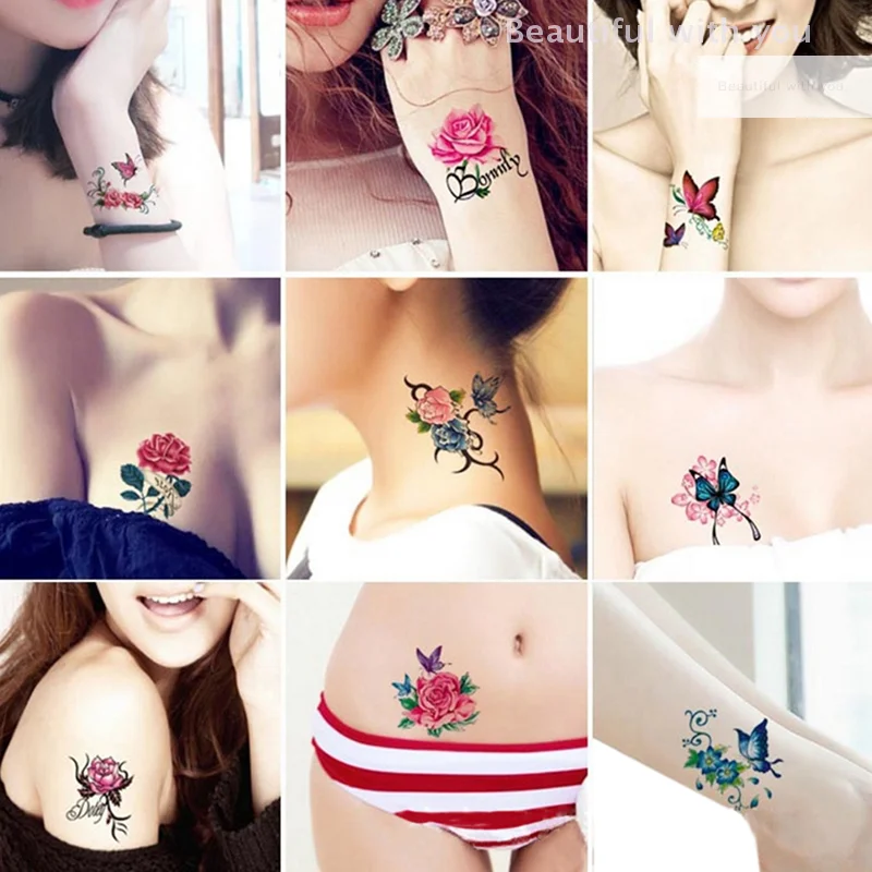 66 Sheet Fashion Colorful Flowers Tattoo Women New Waterproof Temporary Black Tattoo Sticker Body Art