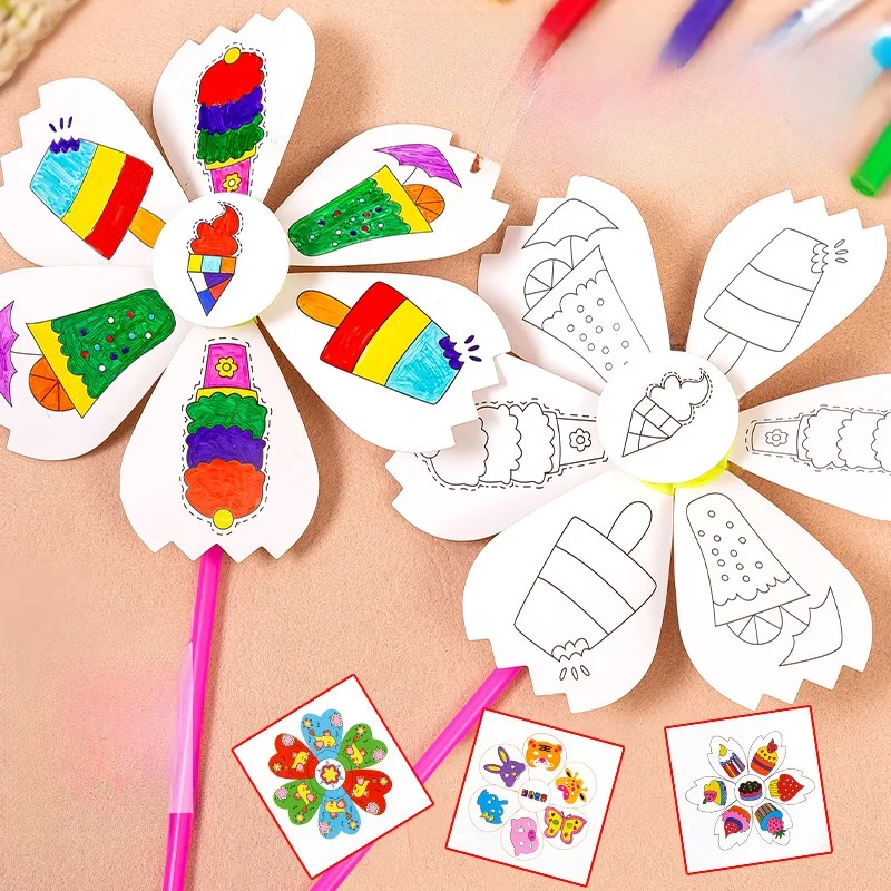 Outdoor Blank Windmill DIY Hand Drawing Coloring Toy Kindergarten Children's DIY Handcraft Toy Windmill Unisex Short Sleeve T...