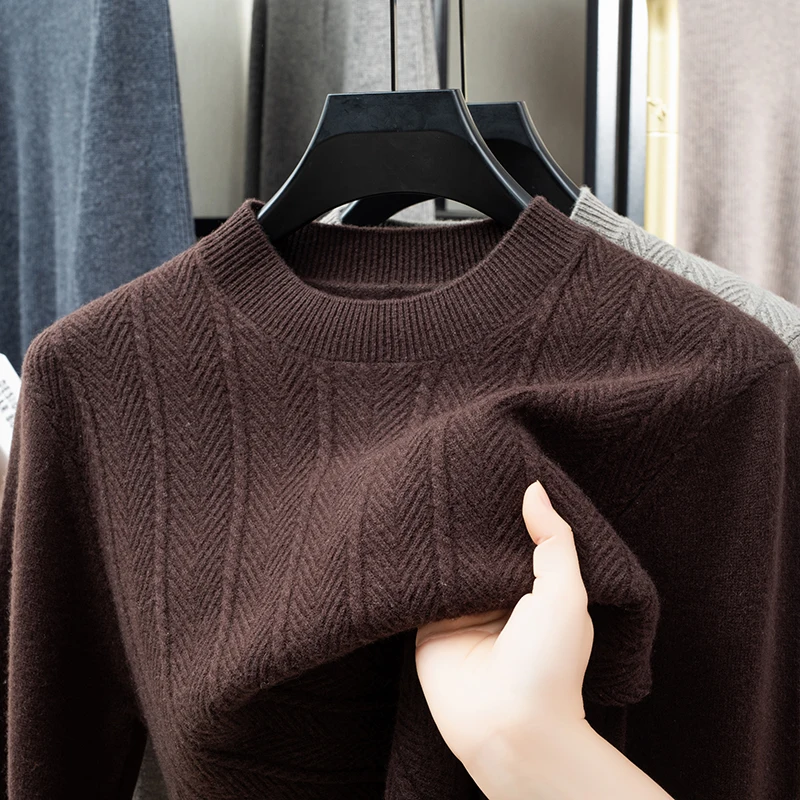 100% Wool Men's Thickened Sweater Crew Neck Knitted Pullover Long Sleeve Herringbone Pattern Autumn Winter Warm Classic Casual
