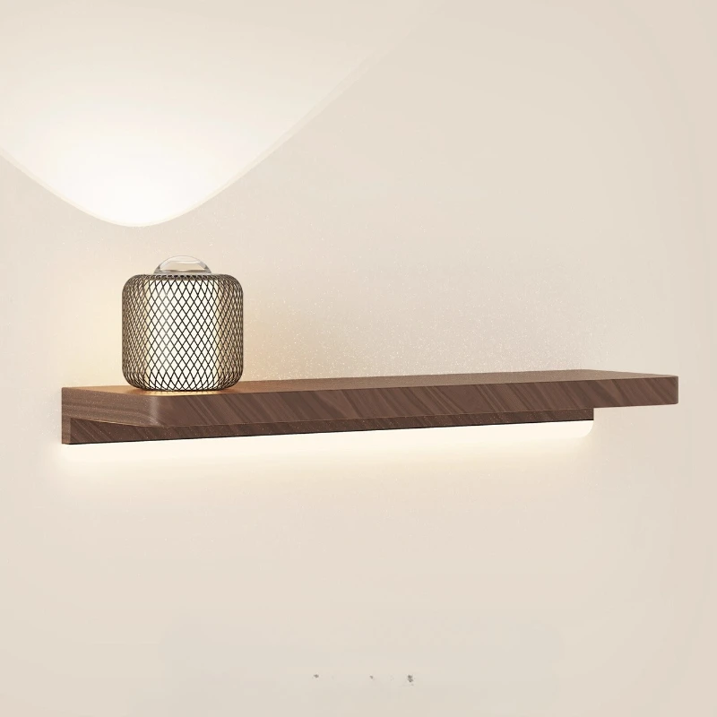 

Modern Dual Light Wall lamps with Shelf Retro walnut wood grain LED lamps living room bedroom home decor long strip wall lights