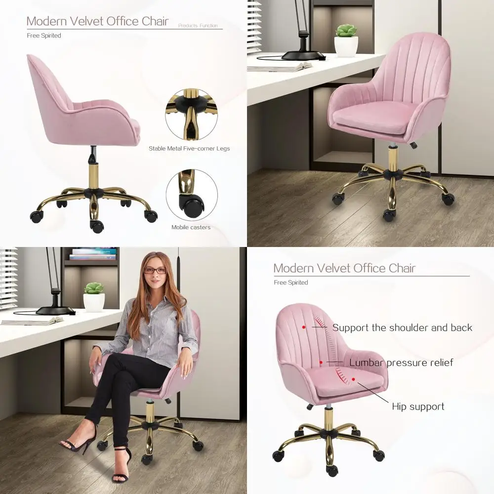 

Pink Velvet Swivel Desk Chair with Gold Legs, Ergonomic Makeup Vanity Chair on Wheels for Women, Ideal for Home Office, Bedroom,