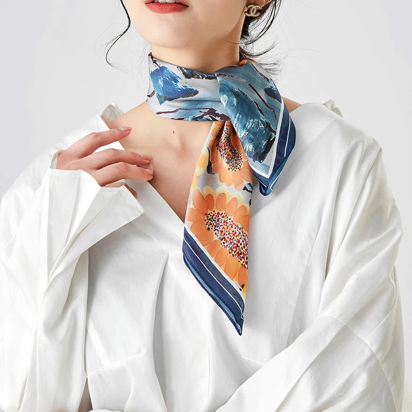 Women\'s 100% Silk Square Scarf Fashion Print Small Neck Scarfs Office Lady Hair Band Foulard Hand Kerchief Female Bandana Shawl