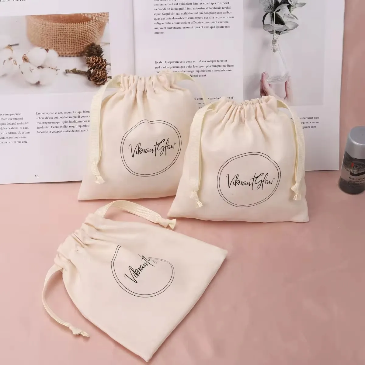 High Quality Beige Cotton Drawstring Bag For Gift Soap Candle Custom Printed Cotton Dust Pouch