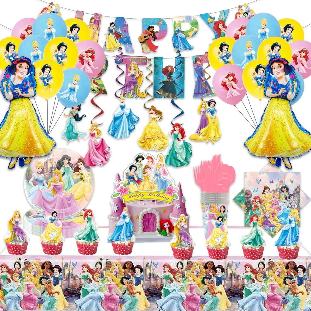 Disney Princess Birthday Party Decor Disposable Tableware Set Snow White Ariel Girl Favor Paper Plate Cup Pinata Foil Balloons