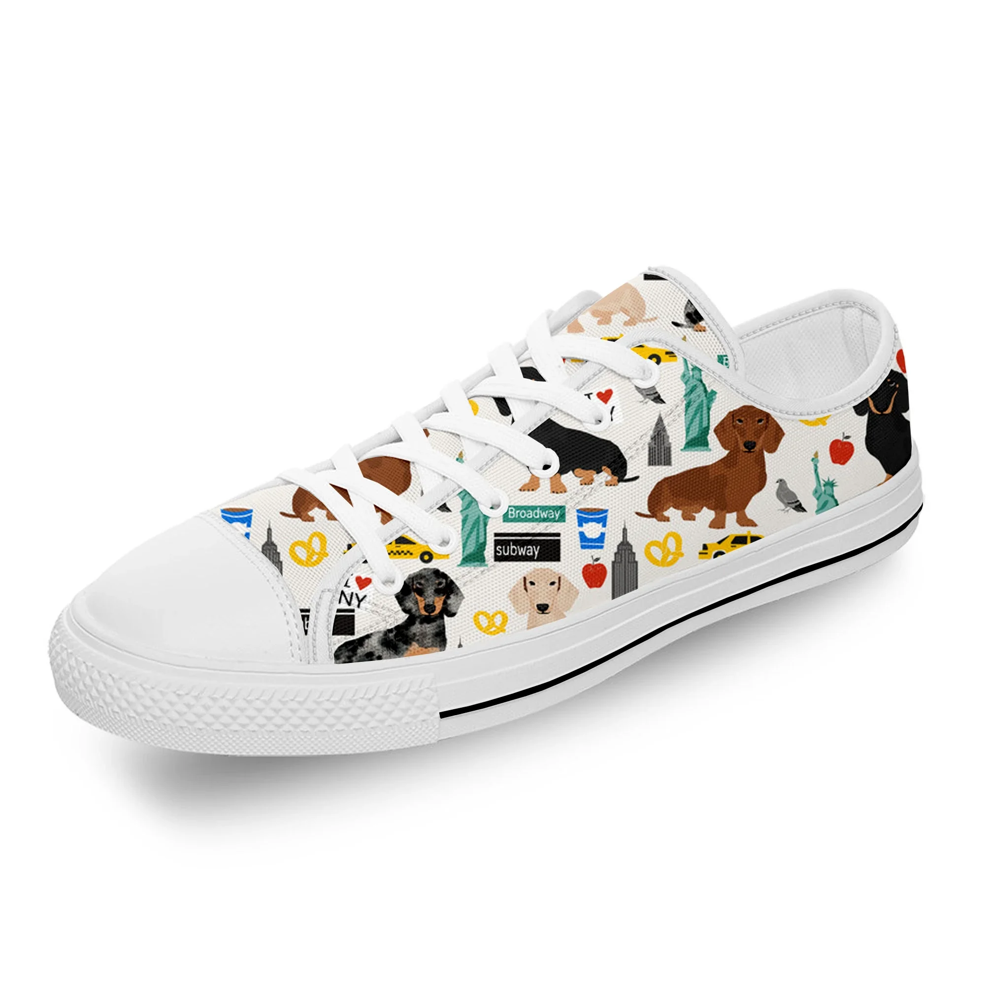 Dachshund Pug Teckel Cartoon Dog White Cloth Fashion 3D Print Low Top Canvas Shoes Men Women Lightweight Breathable Sneakers