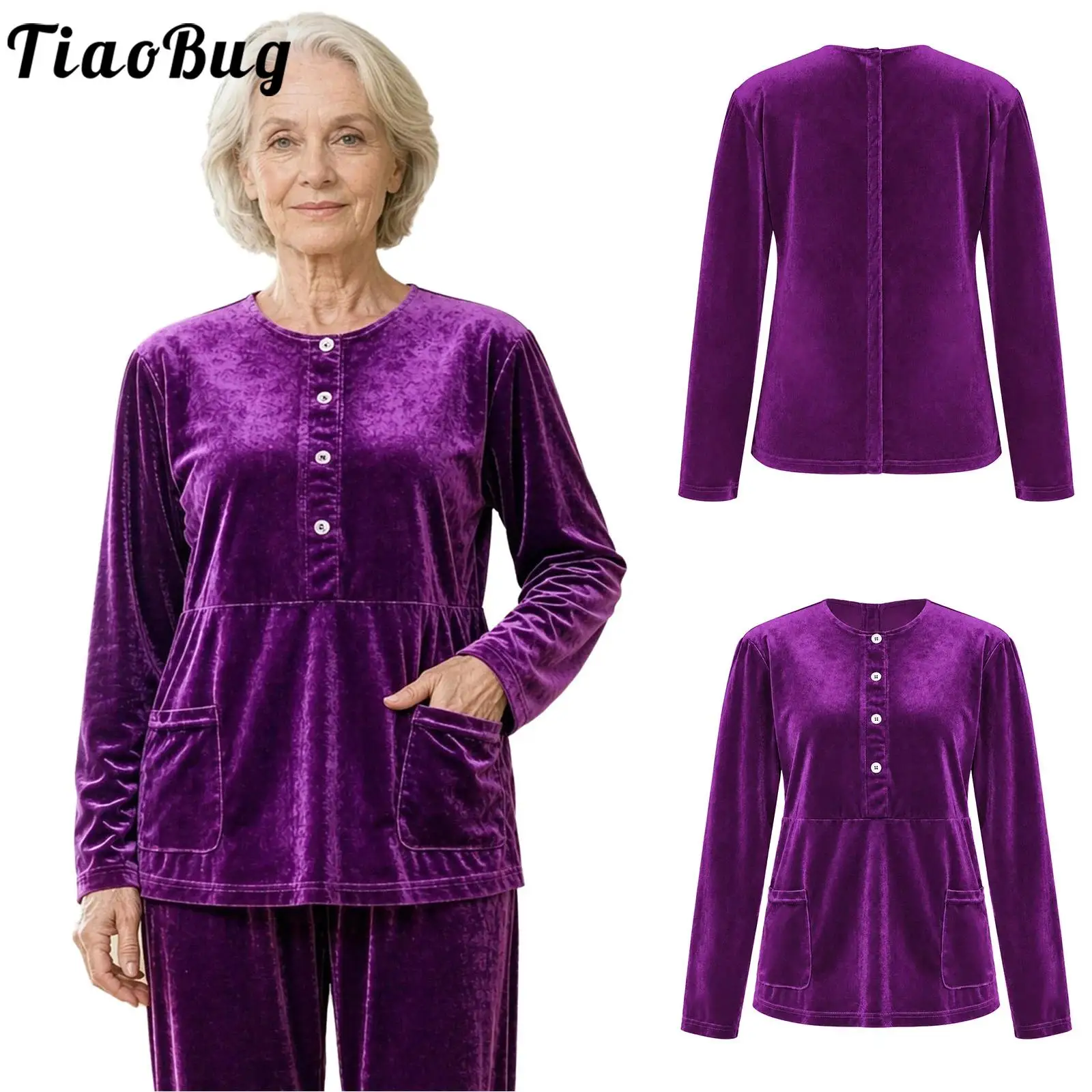 Women Velvet Adaptive Tee Shirt Long Sleeve Press Buttons Open Back Pockets Shirt for Elderly Nursing Recovery Casual Outing