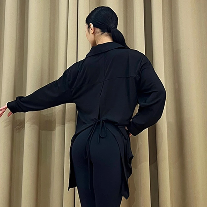 New Latin Dance Shirts For Women Long Sleeves Black Cardigan Adult Rumba Cha Cha Samba Dance Practice Clothes Loose Dress V19177 - Image 5