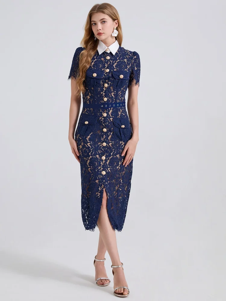 High-End New Summer Short Sleeve Doll Collar Lace Hollow Out Dress Women's High Waist A-Line Golden High-End New Summer Short Sleeve Doll Collar Lace Hollow Out Dress Women's High Waist A-Line Golden