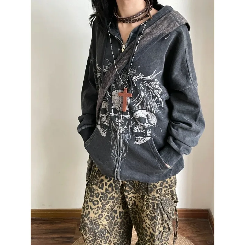 Deeptown Y2k Gothic Skull Print Zipper Women's Hoodie Harajuku Long Sleeve American Vintage Sweatshirts Loose Punk Streetwear