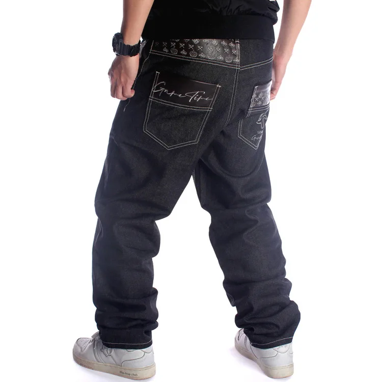 High Street HIP-HOP Punk Style Men\'s Jeans Straight Baggy Skateboard Denim Pants Street Dance Rap Male Black Trouses Plus