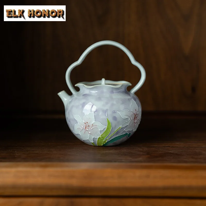 

180ml Misty Purple Hand-painted Lily Lifting Handle Teapot Aesthetic Tea Infuser Pot Tea Brewing Kettle With Strainer Teaware