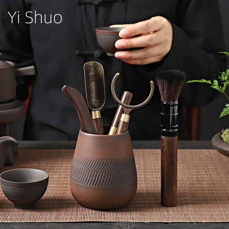 Purple Pottery Tea Ceremony Six Items Kung Fu Tea Set Tea Clamp Tea Spoon Cleaning Pen Cup Holder Blackwood Accessories