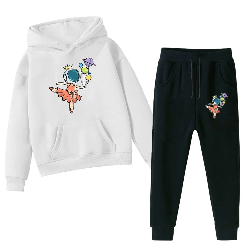 Kids Hoodies Cartoon Ballet Astronaut Girl Print Sweatshirt+Pants Two Piece Set Outdoor Brand Tracksuit Girls Cute Hoodies Suit