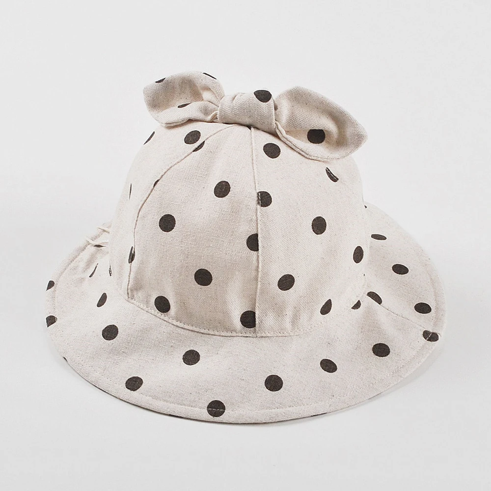 

Bucket Hat Baby Girl Boy Cap Summer Sun Protection Cotton Dots Bows With String Accessory For Outdoor Kids Spring