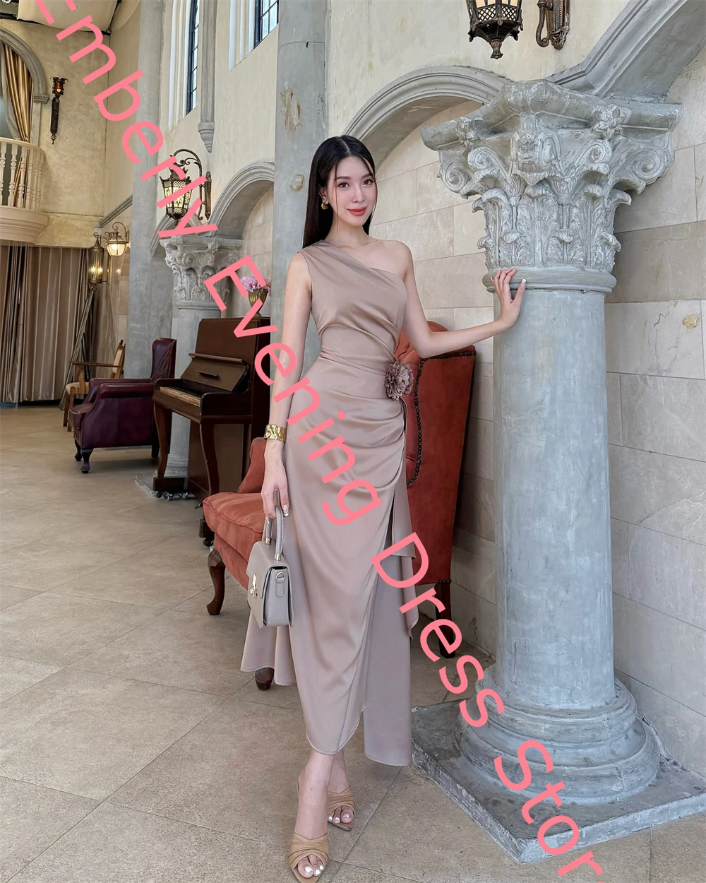 Personalizado sereia gracioso cetim vestido de noite temperamento um ombro sem mangas vestido de festa moda chá comprimento celebridade gow