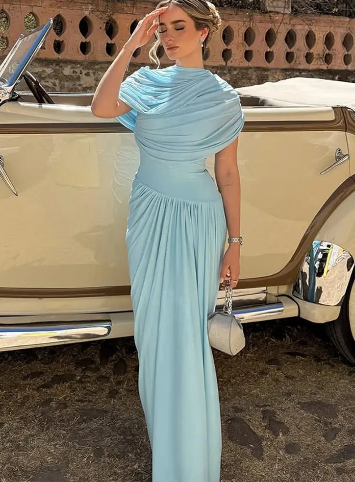 

Elegant Pleated Shawl Evening Long Dress Women Folds High Waist O-neck Slim Maxi Dresses Summer Female Prom Vacation Robe