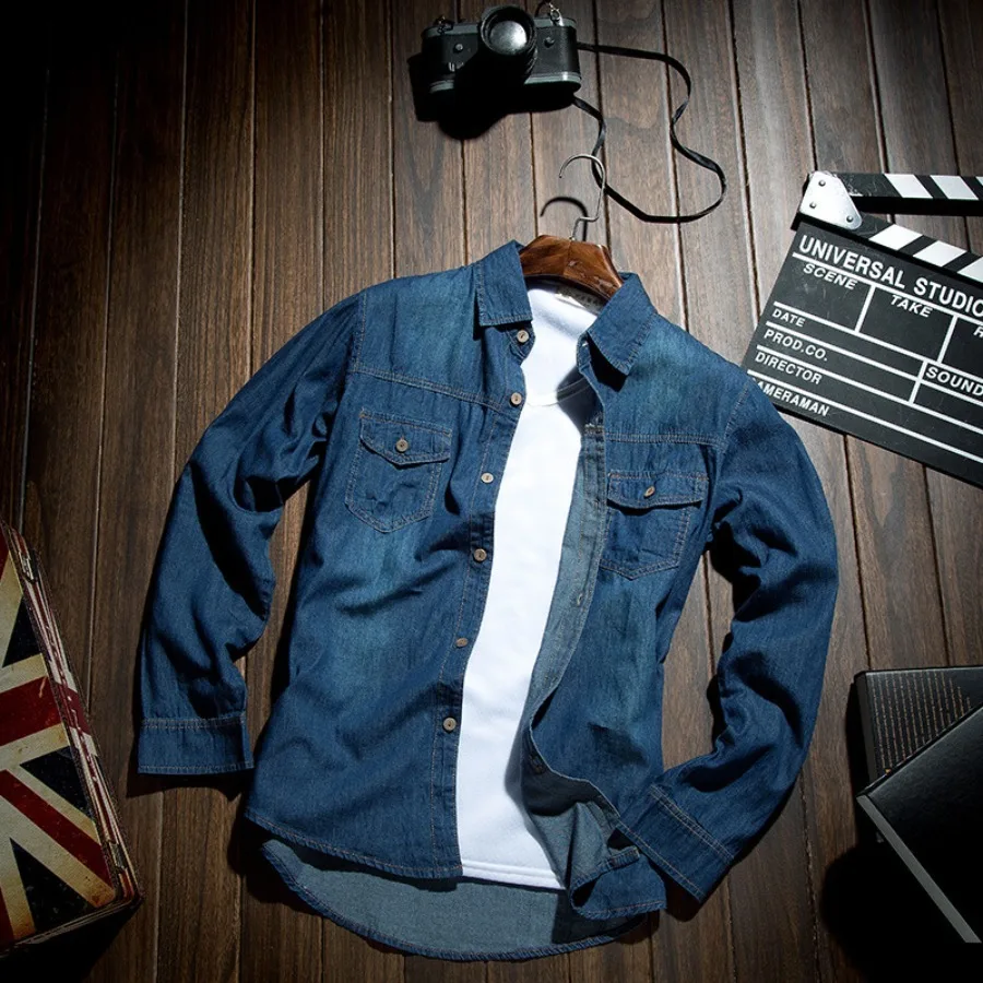 Fashion Classic Retro Jeans Shirt with Pocket Slim Fit Tops Men Clothing for Spring Men's Long Sleeve Denim Shirt Pure Cotton