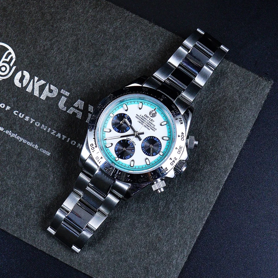 OKPLAY Men Chronograph Watch 39.5mm Modified Customized Quartz Wristwatch Sapphire 100M Waterproof