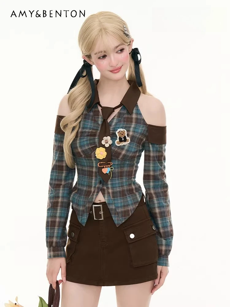 

Spring Summer New Sweet Cool Off-Shoulder Blue and Coffee Patchwork Plaid Long Sleeve Shirt Brown Versatile Casual Short Skirt