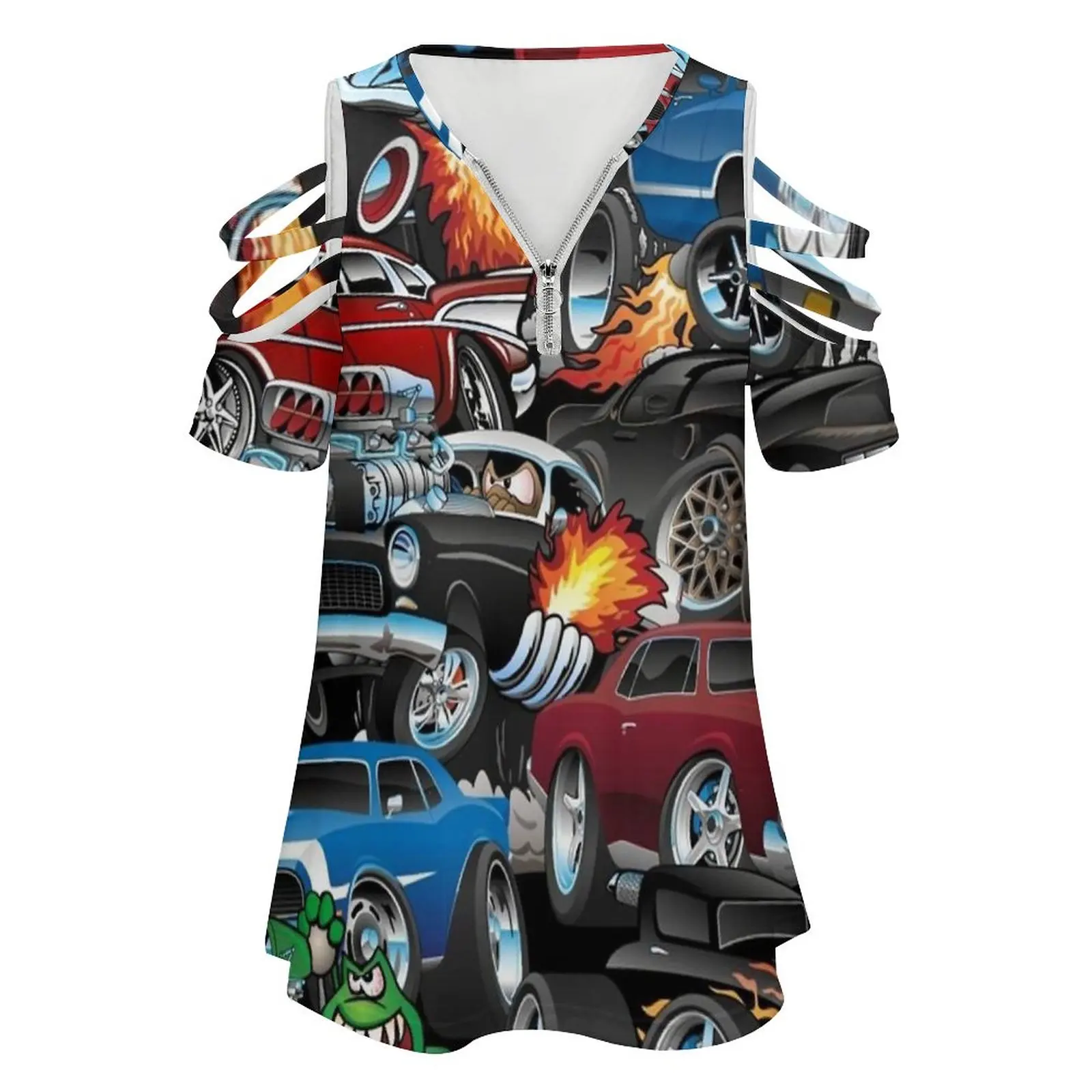 Car Madness! Muscle Cars And Hot Rods Cartoon Women's T-Shirt New Fashion Printed Zipper V-Neck Short Sleeve T Shirts Casual