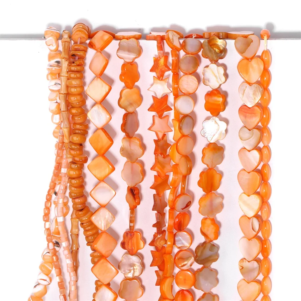 Natural Orange Mother Of Pearl Mop Shell Beads Loose Round Heart Oval Shell Beads Charm For Jewelry Making DIY Bracelet Necklace