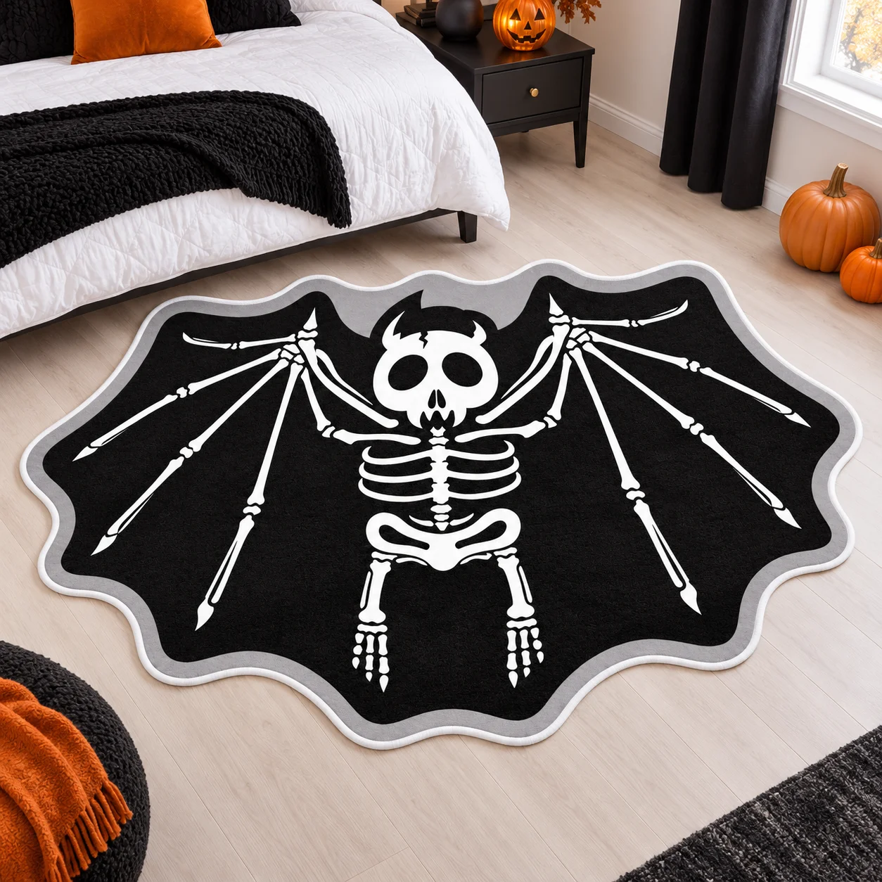 Winged Devil Skeleton Shaped Area Rug, Gothic Black White Floor Mat for Bedroom Music Room Man Cave, Halloween Home Decor Gift