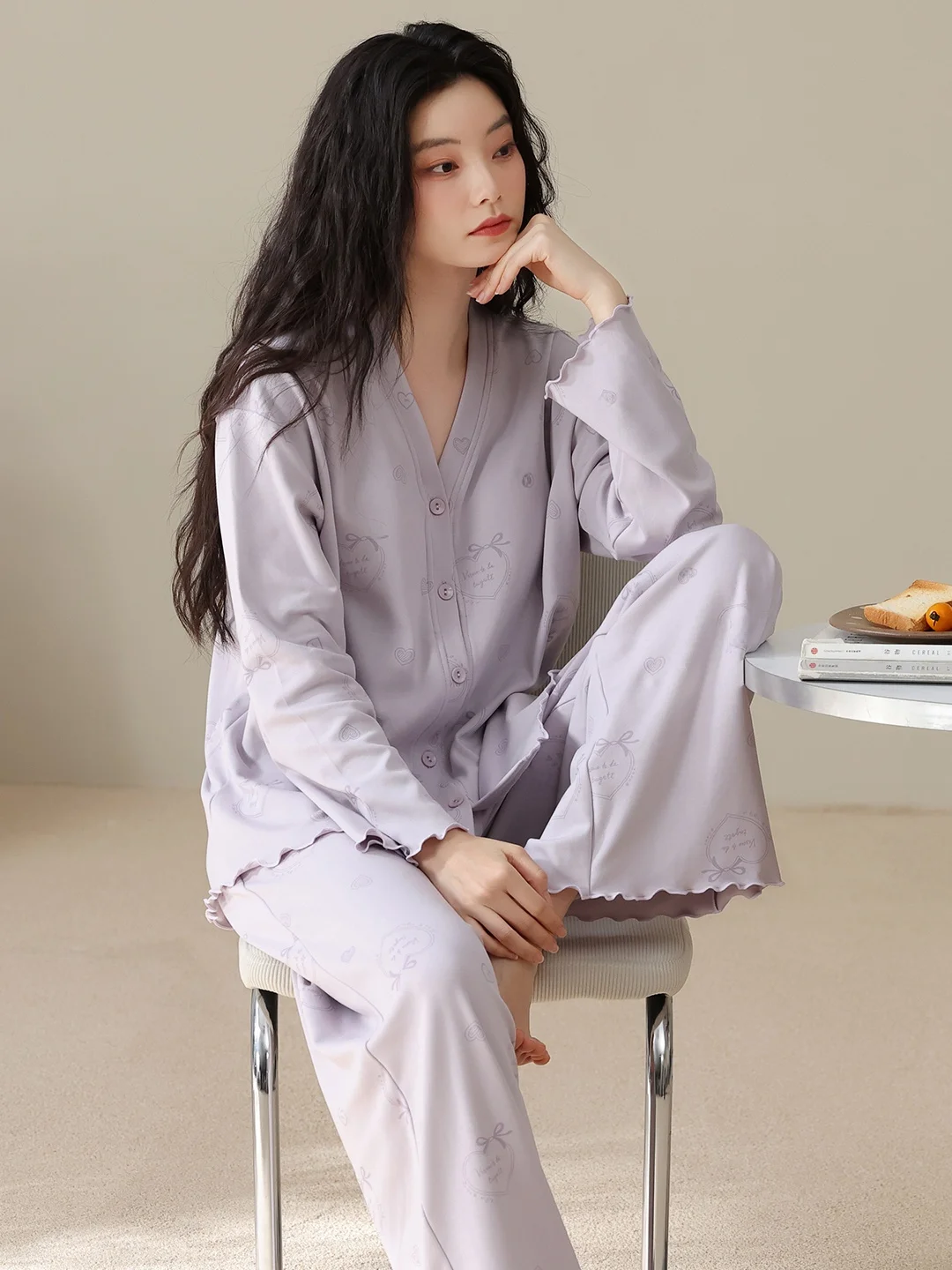 purple-floral-print-women's-sleepwear-long-sleeve-long-pants-cotton-elastic-waistband-home-clothes-set-suitable-for-outdoor