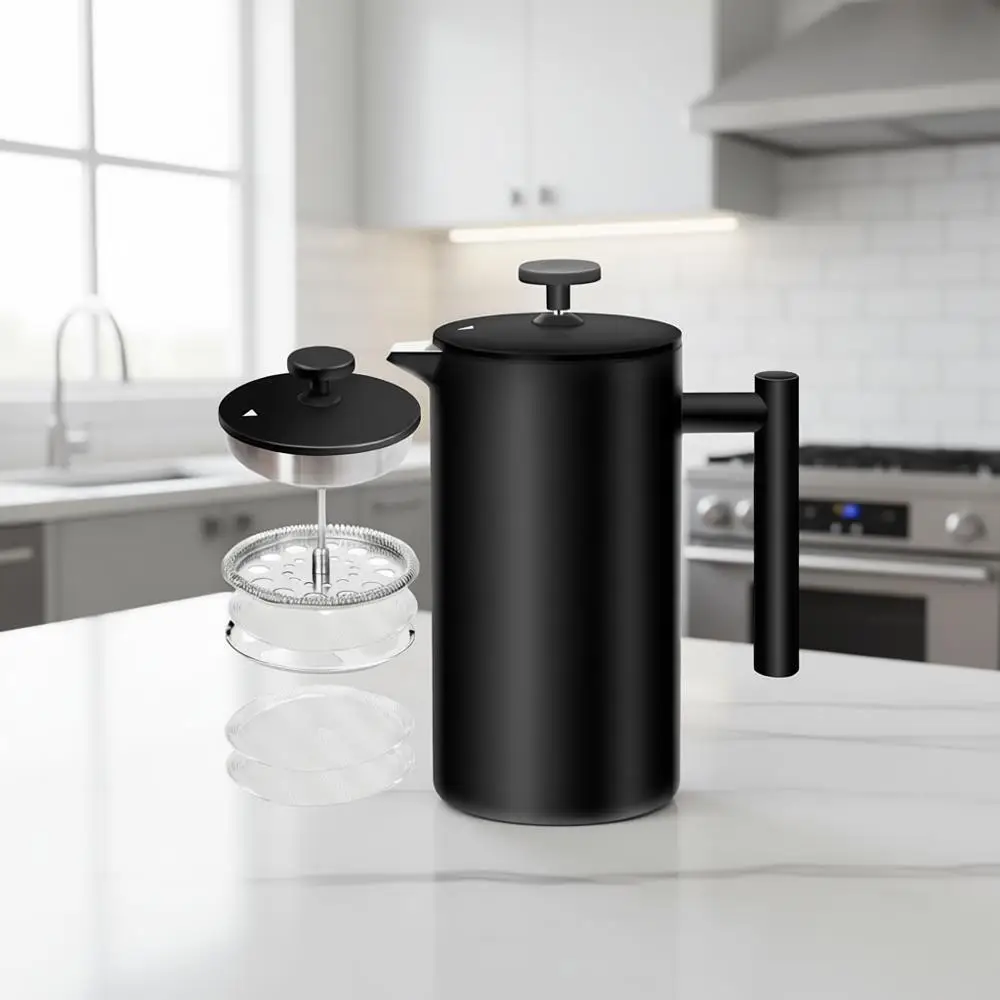 

Кофеварка френч-пресс, 1 л, 3-слойный фильтр из нержавеющей стали, двойные стенки с изоляцией, 2 дополнительных фильтра