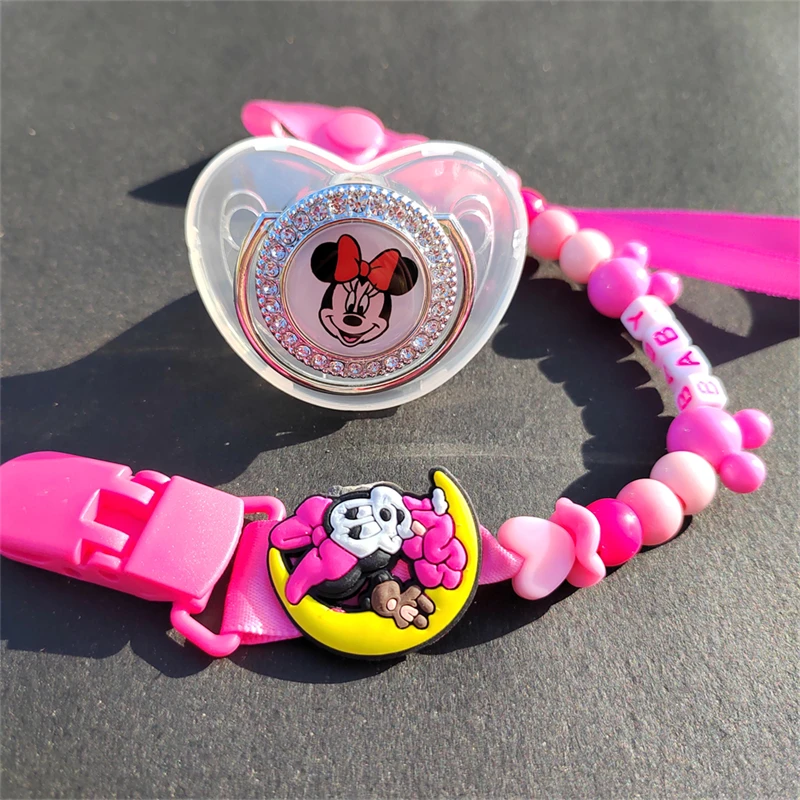 Safe Soft Liquid Silicone BPA Free Lollipop with Rhinestone Custom Name Pacifier Clip with Cute Babi Minnie Mouse Doll Kids Toys