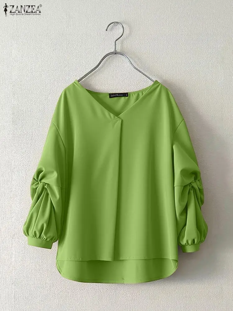 ZANZEA 2025 ファッション エレガント シャツ レディース 長袖 ブラウス 無地 秋 カジュアル ゆったり Vネック プリーツ オフィス レディースブラウス